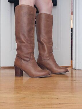 Knee high brown leather heeled campus boots